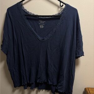 American Eagle Outfitters Navy Lace-Trim V-Neck Tunic Top
